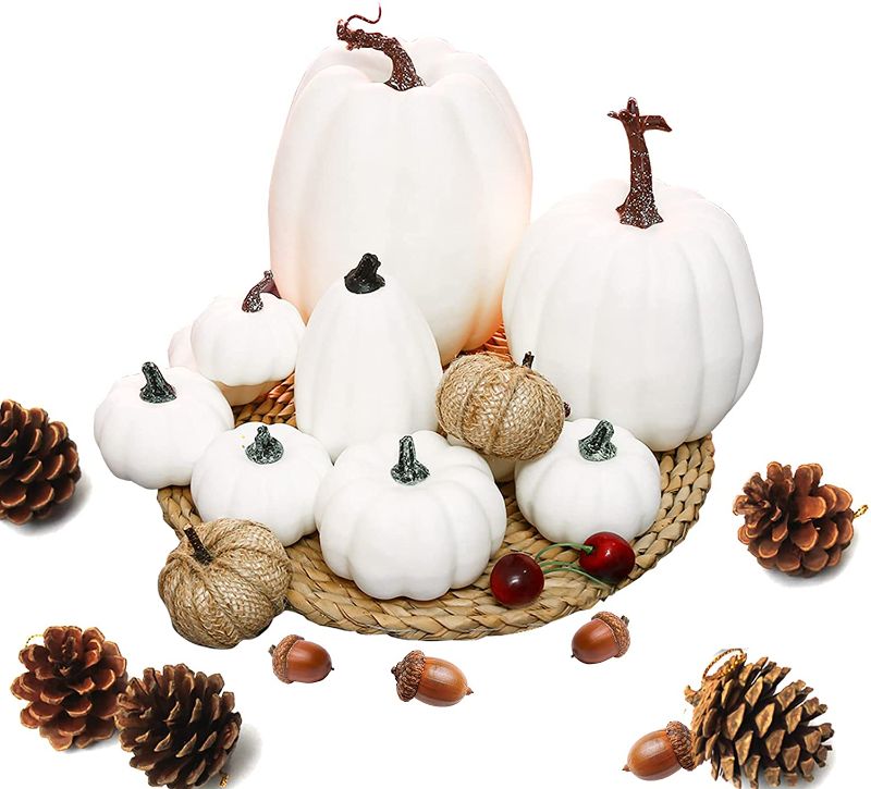 Photo 1 of AOLIGE 12 PCS White Pumpkins Decoration Fall Harvest Assorted Fake Pumpkins for Halloween Thanksgiving (ONLY PUMPKINS ARE INCLUDED)