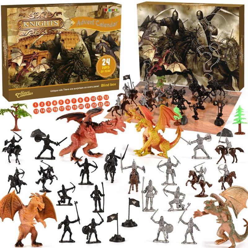 Photo 1 of unanscre Dragon Knight Advent Calendar 2021 for Kids, Christmas 24 Days Countdown Calendar with Medieval Knight Action Figure Horse and 4 Dragon Toys, Xmas Party Favors Gifts for Boys/Girls Age 3+
