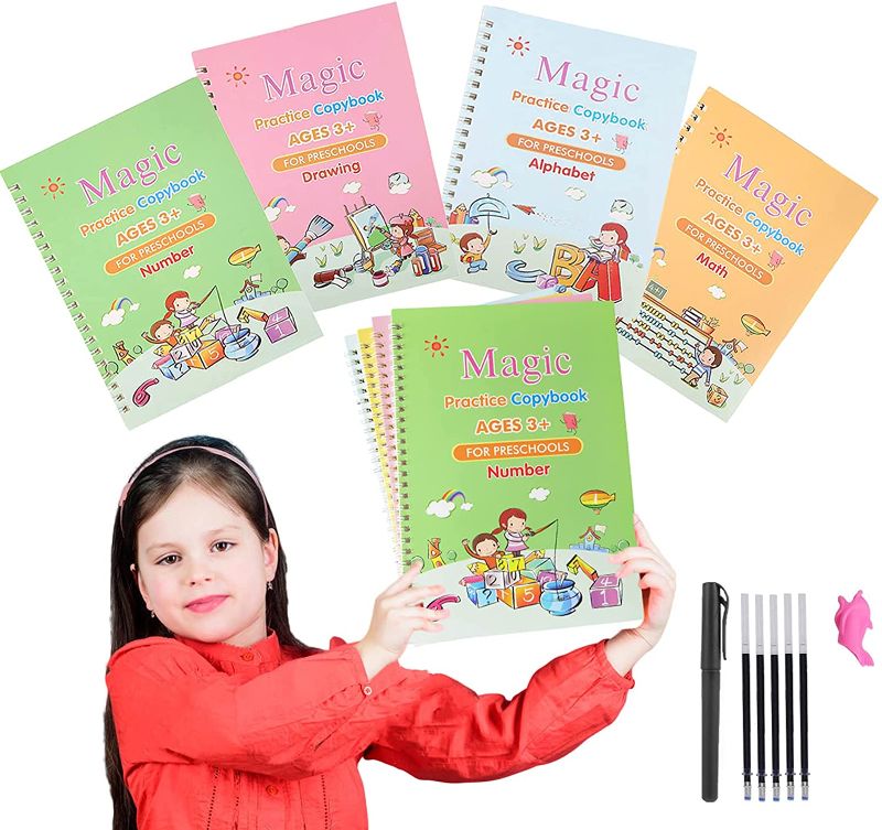 Photo 1 of 2021 Extra Large Magic Practice Copybook for kids 4Pcs 10.3 x 7.3 in, Reusable Calligraphy Workbook Set Handwriting Tracing Books for Pre K, Kindergarten, Kids Ages 3-7, Letters Writing Drawing Math
