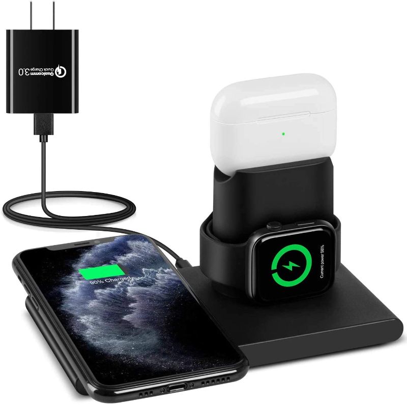 Photo 1 of Wireless Charger, 3 in 1 Wireless Charging Pad, Charing Dock for iWatch 5/4/3/2 and AirPods Pro/2, 15W Qi Fast Charger for iPhone 12/11 Series/SE 2/XS Max/XR/XS/X/8/Samsung(No iWatch Charging Cable)
