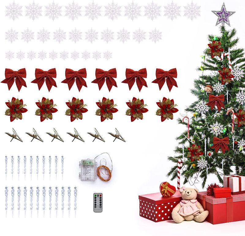 Photo 1 of 65 Pcs Christmas Tree Ornaments Set, Clear Icicle, Bows, Snowflake, Artificial Christmas Flowers Glitter Red, Holiday Shatterproof Hanging Decorations, Red