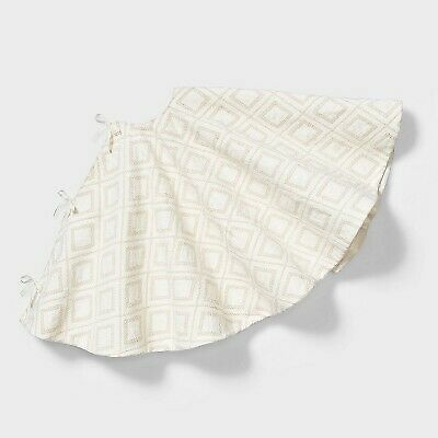 Photo 1 of 48in Cream Faux Wool Christmas Tree Skirt with Gold Diamond Lattice Stitching
