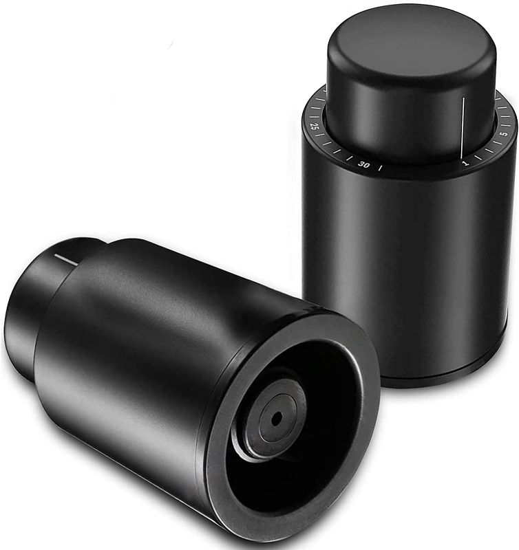Photo 1 of 2 Pack Wine Bottle Stoppers Reusable Vacuum Wine Stoppers Vacuum Pump Wine Savers Keep Wine Fresh Silicone Wine Preservers with Storage Date Letrushare Wine Corks Black Wine Caps Gift for Wine Lovers