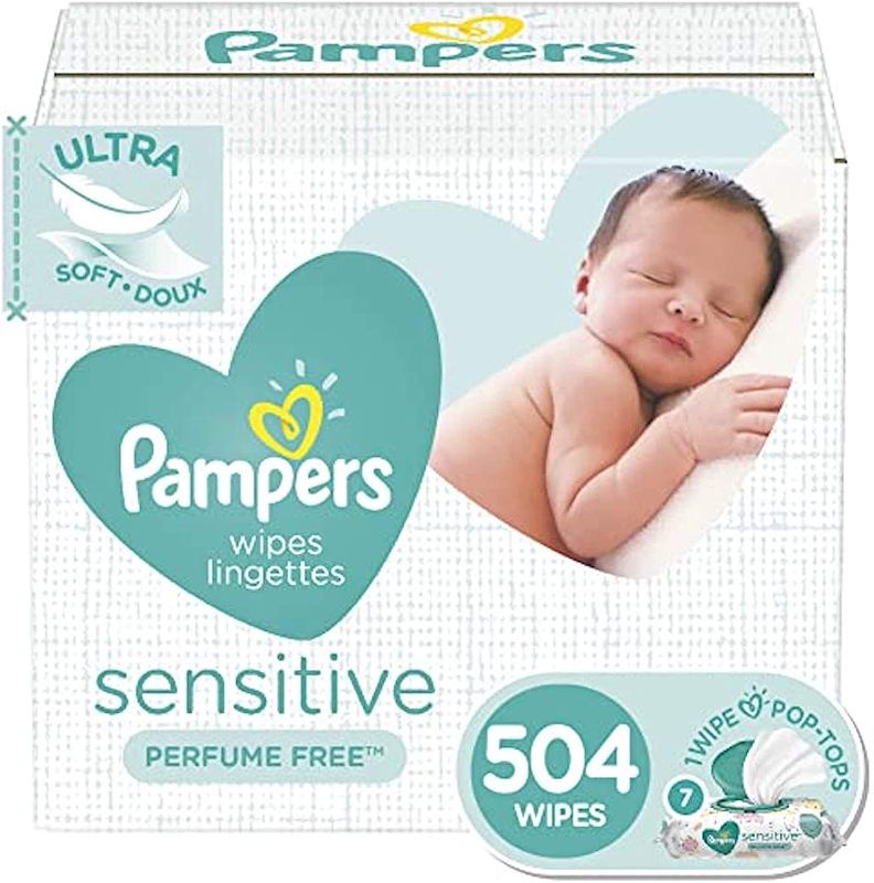 Photo 1 of Baby Wipes, Pampers Sensitive Water Based Baby Diaper Wipes, Hypoallergenic and Unscented, 7 Pop-Top Packs, 504 Count Total Wipes