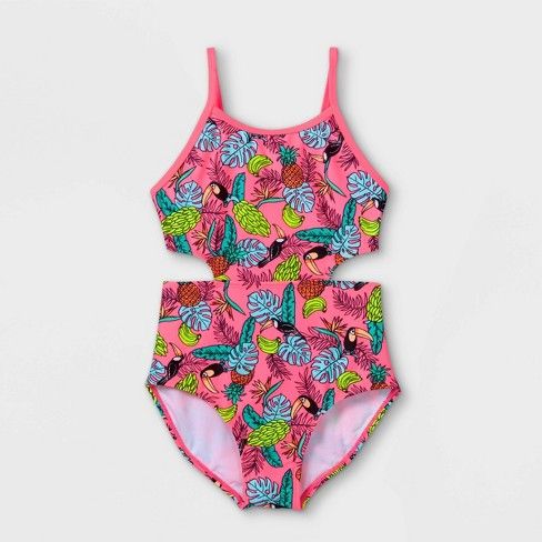 Photo 1 of Girls' Tropical Print Cut-Out One Piece Swimsuit - Cat & Jack Pink S