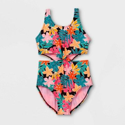 Photo 1 of Girls' Tropical Floral Print Tie-Front One Piece Swimsuit - art class S, Green/P