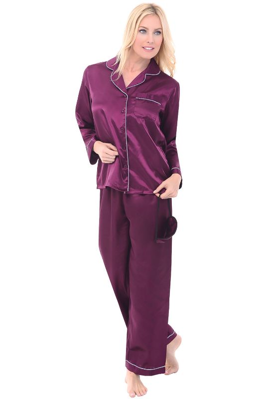 Photo 1 of Alexander Del Rossa Women's Button Down Satin Pajama Set with Sleep Mask, Long Silk like Pjs small
