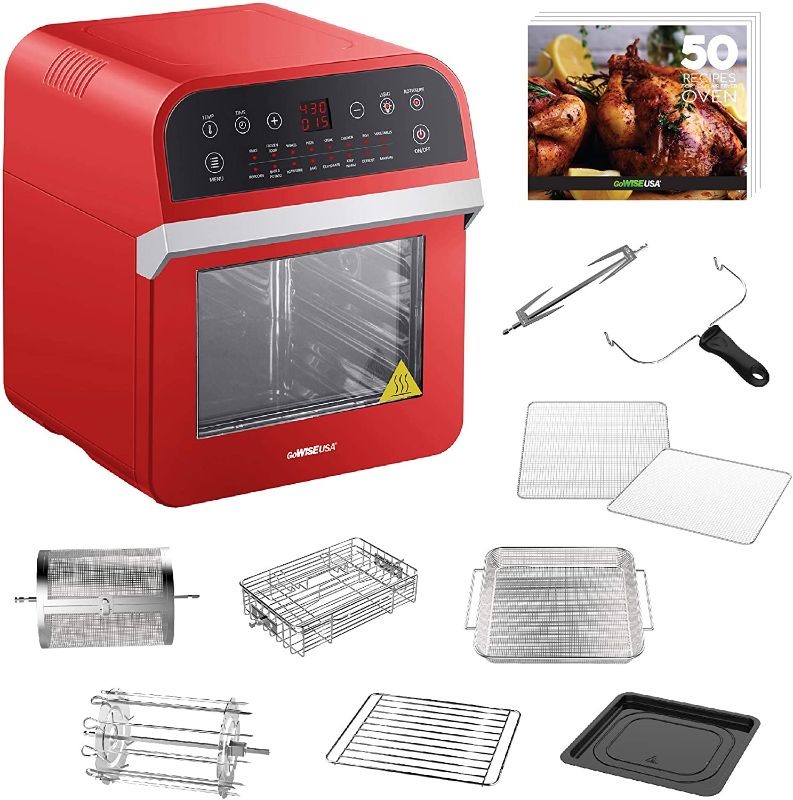 Photo 1 of GoWISE USA GW44801 Deluxe 12.7-Quarts 15-in-1 Electric Air Fryer Oven with Rotisserie and Dehydrator + 50 Recipes (Red), QT
