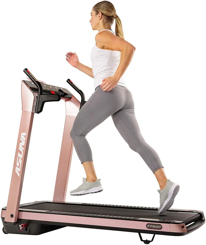 Photo 1 of SUNNY HEALTH & FITNESS Asuna SpaceFlex Electric Treadmill with Auto Incline, LCD and Pulse Grips, Speakers, Tablet Holder, 220 LB Max Weight, Folding and Portability Wheels - 7750P, Pink