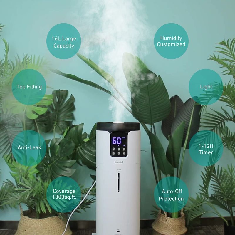 Photo 1 of Lacidoll 4.2Gal Tower Humidifiers for Large Room whole house 1000 sq. ft, 16L Top Fill Cool Mist Ultrasonic Humidifier Quiet 1000mL/h Output with 360° Mist Tube for Home Office Workshop Greenhouse, School,White
