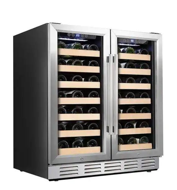 Photo 1 of 30 in. Wine Cooler 66 Bottle Dual Zone Built-in and Freestanding with Stainless Steel and Glass French-Door Style
