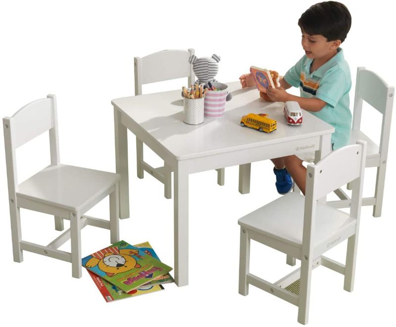 Photo 1 of KidKraft Wooden Farmhouse Table & 4 Chairs Set, Children's Furniture for Arts and Activity - White, Gift for Ages 3-8 & Austin Wooden Toy Box/Bench with Safety Hinged Lid, White, Gift for Ages 3+
