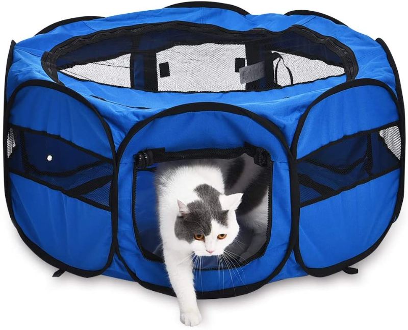Photo 1 of Amazon Basics Portable Soft Pet Dog Travel Playpen, Small (35 x 35 x 24 Inches), Blue
