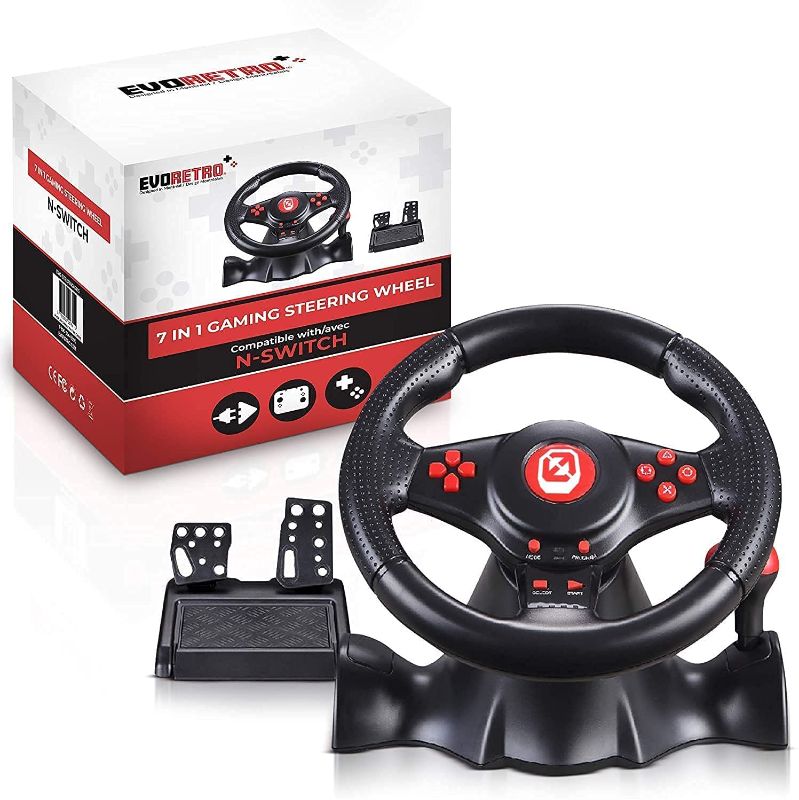 Photo 1 of EVORETRO Super Gaming Steering Wheel with Pedals compatible for Nintendo Switch - Great for Mario Kart 8 - For PC/PS3. Best gaming desk accessories!
