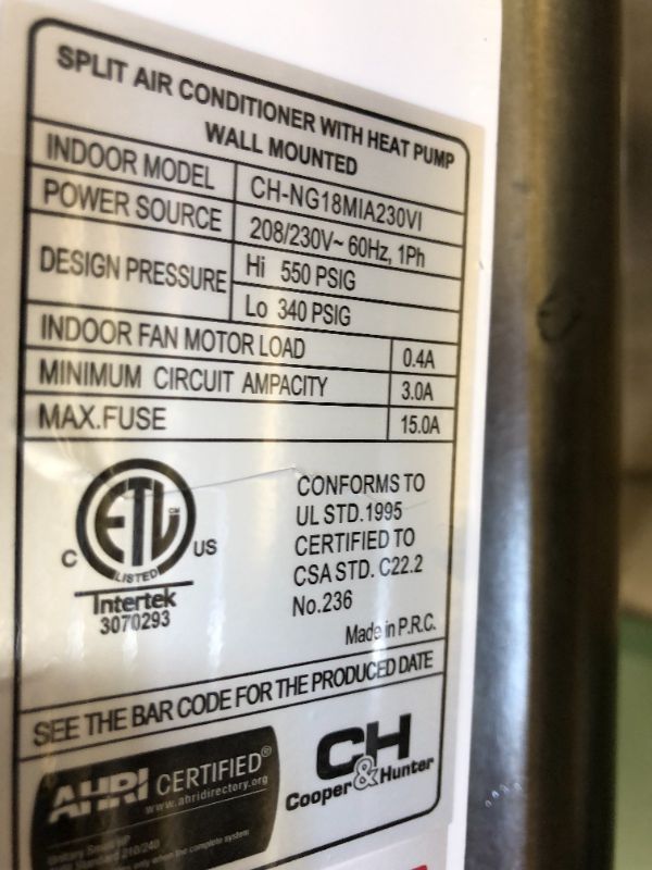 Photo 1 of BTU Mini Split Air Conditioner - Heat Pump - SENL/18CD indoor and outdoor model 