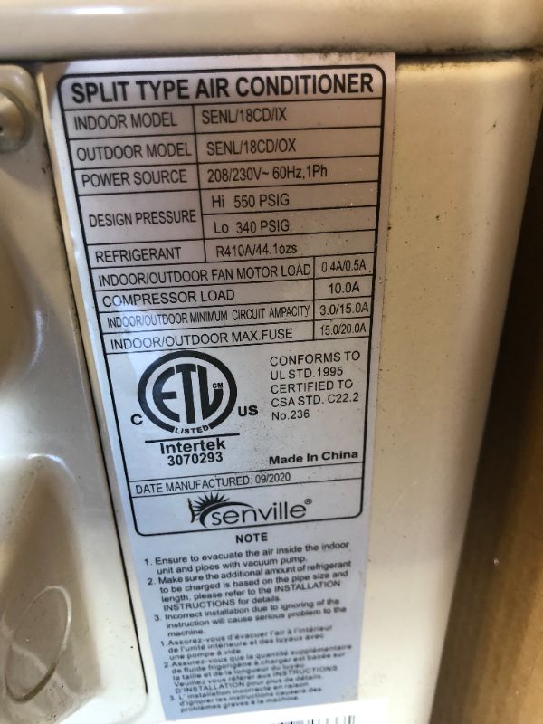 Photo 1 of BTU Mini Split Air Conditioner - Heat Pump - SENL/18CD indoor and outdoor model 