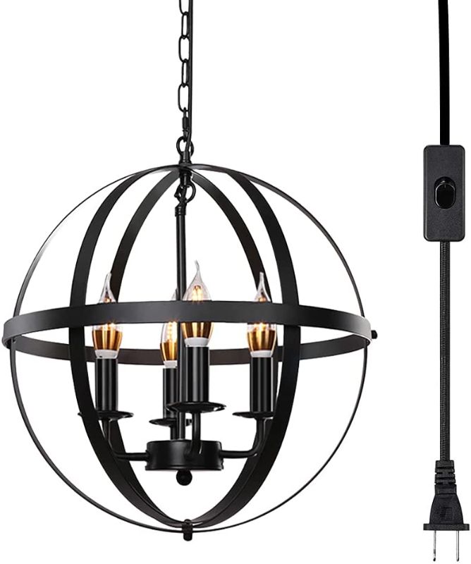 Photo 1 of Black Industrial Plug in Chandelier, 4-Light Farmhouse Pendant Light, Hanging Light Fixture with 14.7 Ft Cord for Dinning Room, Kitchen Island, Living Room, Foyer ( Plug-in )
