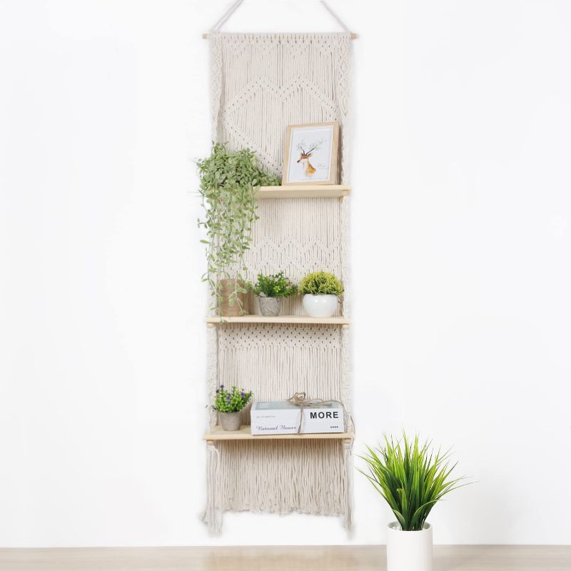 Photo 1 of Boho Wall Hanging Shelfs for Home 3 Tier | Earthy Macrame Wall Decor Plant Shelf Indoor, Decorative White Floating Shelf with Handmade Woven Rope for Bedroom, Bathroom, Kitchen, Bookshelf with Bead
