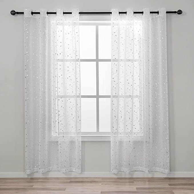 Photo 1 of 2 pack, Tuffeel Sheer Curtain White Foil Print Window Curtain Bedroom (38 x 84 Inch, White-Leaf)

