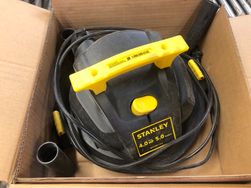 Photo 3 of STANLEY SL18115 Wet/Dry Vacuum, 5 Gallon, 4 Horsepower, Stainless Steel Tank, 4.0 HP, 50" Sealed Pressure, Silver+Yellow
Turns On. 