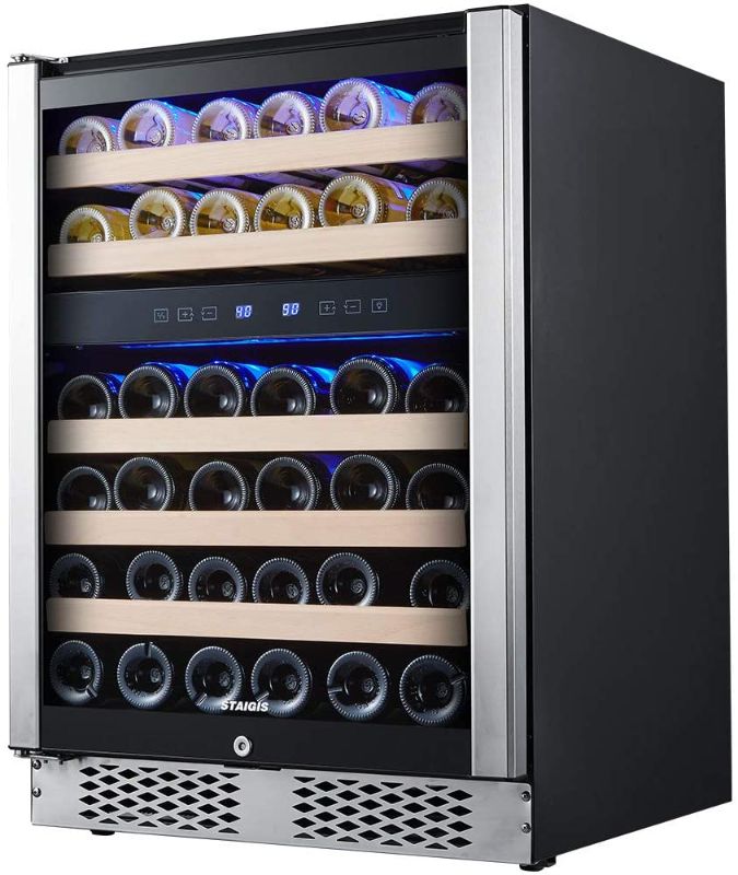 Photo 1 of STAIGIS 24 Inch Wine Refrigerator, Under Counter Dual Zone Wine Cooler w/Stainless Steel Frame Glass Door, 46 Bottles Wine Fridge for Built In or Freestanding with Concealed Pull Design
