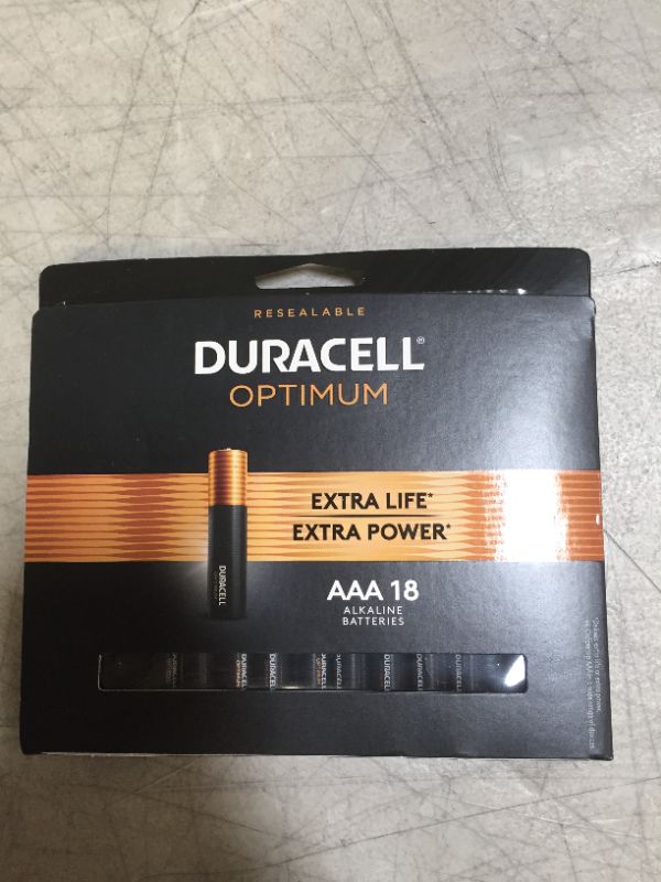 Photo 2 of Duracell Optimum AAA Batteries | Lasting Power Triple A Battery | Alkaline AAA Battery Ideal for Household and Office Devices | Resealable Package for Storage, 18 Count (Pack of 1)
