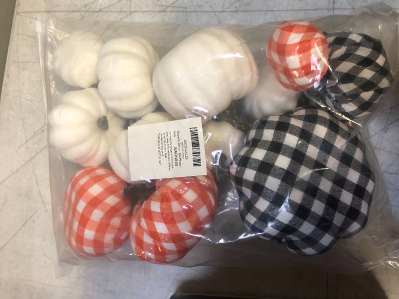 Photo 2 of 13 Pcs Pumpkin Decor, Artificial Pumpkins Bufflo Plaid White Black Pumpkins Fake Foam Pumpkins for Halloween Autumn Harvest Wedding Thanksgiving Farmhouse Fall Home Decorations