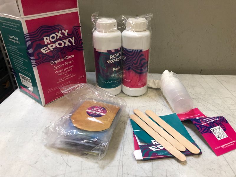Photo 2 of Clear Epoxy Resin Kit with Hardener 32 Oz - 1:1 Part Ratio Arts and Crafts Casting - 24 Mica Powder Pigment Packs, Measuring Cup, Wooden Stirrers and Gloves