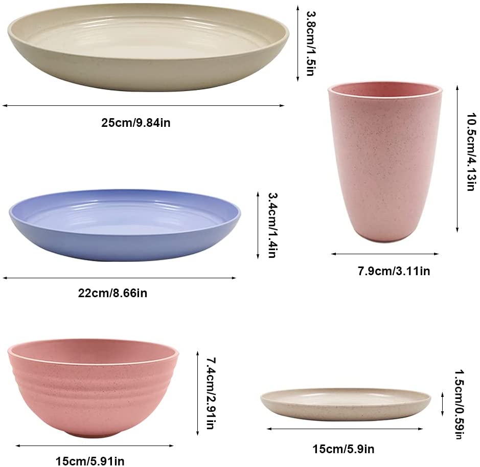Photo 1 of 20 pcs Unbreakable Wheat Straw Dinnerware Sets, Lightweight Dinner Dessert Plate Cereal Bowls Cups Sauce dish Reusable Dishwasher (B8)--NEW PACK 
