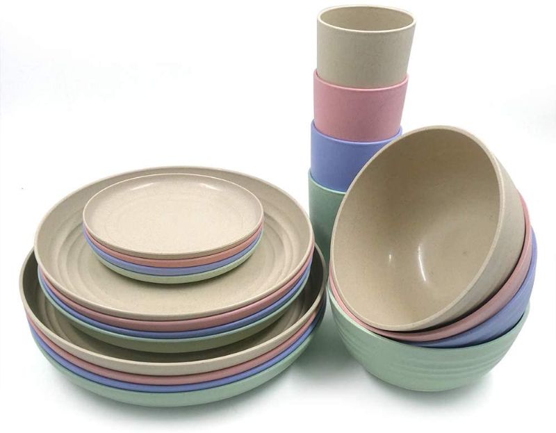 Photo 1 of 20 pcs Unbreakable Wheat Straw Dinnerware Sets, Lightweight Dinner Dessert Plate Cereal Bowls Cups Sauce dish Reusable Dishwasher (B8)--NEW PACK 
