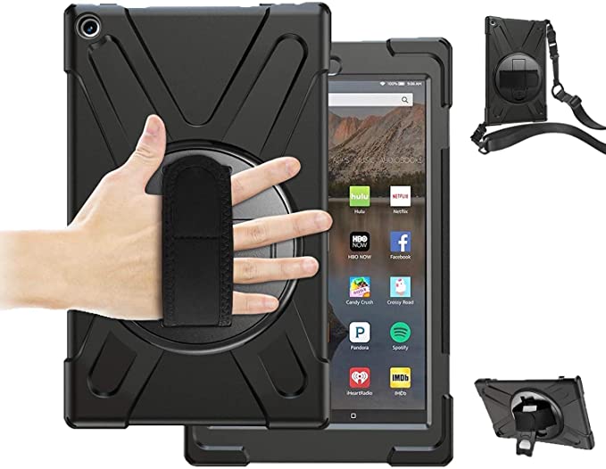 Photo 1 of (Don't Fit 11th 2021) TSQ Amazon Fire HD 10 Tablet Case 9th/8th/7th Generation 2019/2018/2017 | Kindle Fire HD 10 Case Rugged Protective Cover w/Hand Shoulder Strap/Stand for Fire 10 Tablet |Obsidian
