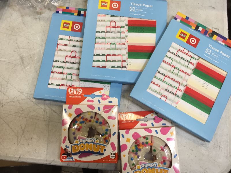Photo 1 of 2pk Mix Stripe & Stacked Brick Tissue Paper Set Cream/Red/Green - LEGO® Collection X Target  3 PK / GUMMY DONUTS VAT19 UNKNOWN EXP 
