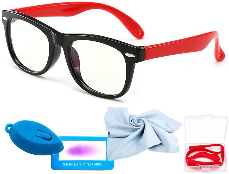 Photo 1 of Toddler Blue Light Glasses for Kids Reduces Eye Strain UV Glare Fatigue from Digital Screens Nerd Square Glasses for Baby Age 1-4 (Black-Red 115mm)
