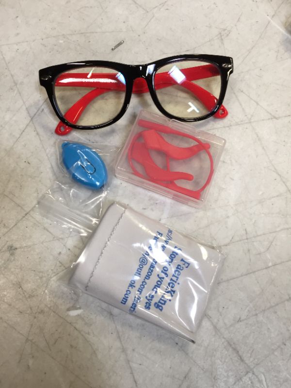 Photo 2 of Toddler Blue Light Glasses for Kids Reduces Eye Strain UV Glare Fatigue from Digital Screens Nerd Square Glasses for Baby Age 1-4 (Black-Red 115mm)
