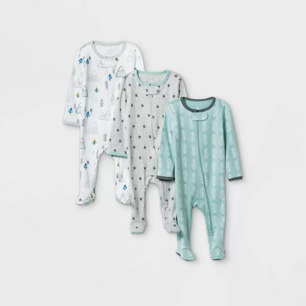 Photo 1 of Baby Boys' 3pk Adventure Zip-Up Sleep N' Play - Cloud Island White/Gray/Mint 6-9
