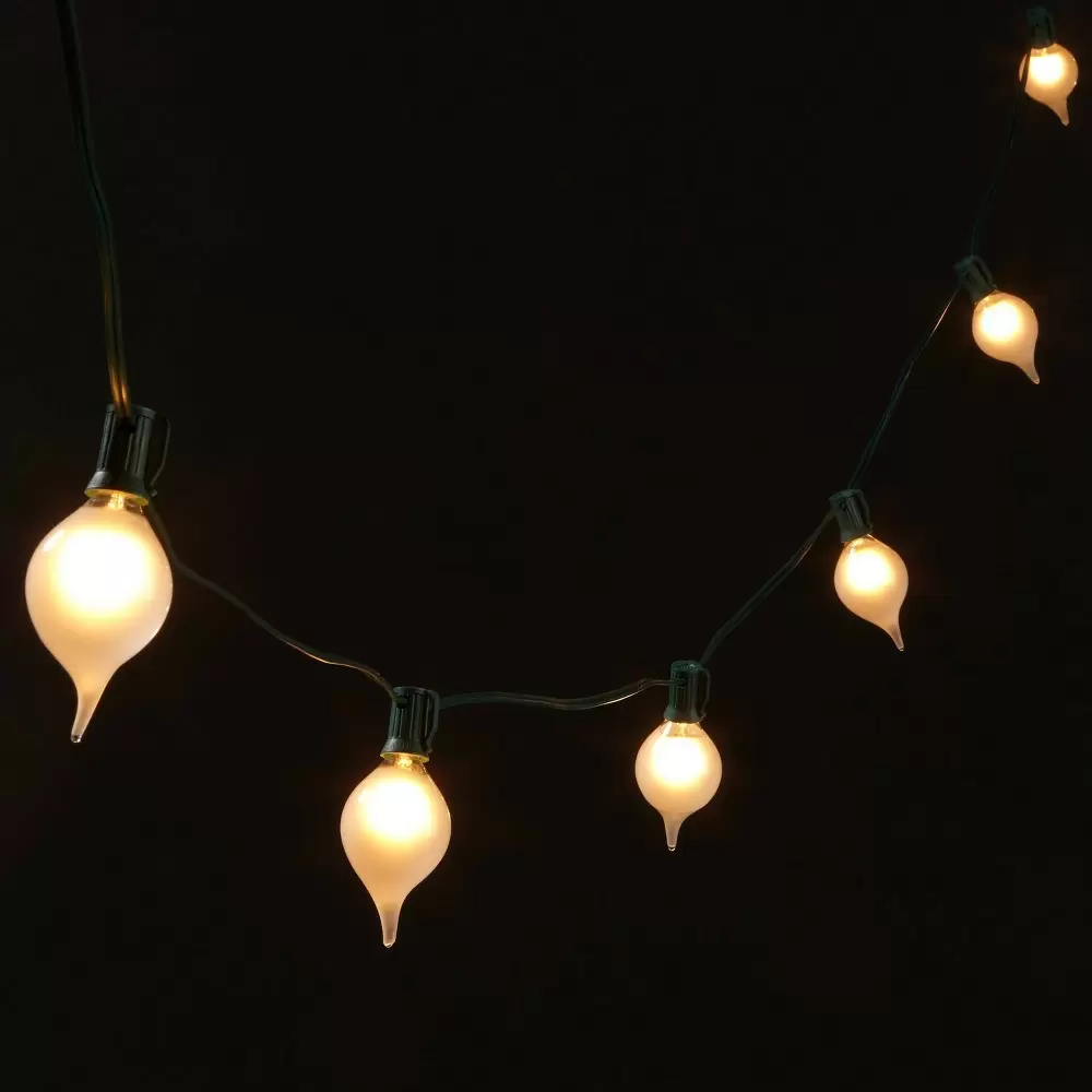 Photo 1 of 10ct Incandescent Frosted Glass Tear Drop Christmas String Lights White with GreEN CABLE 
