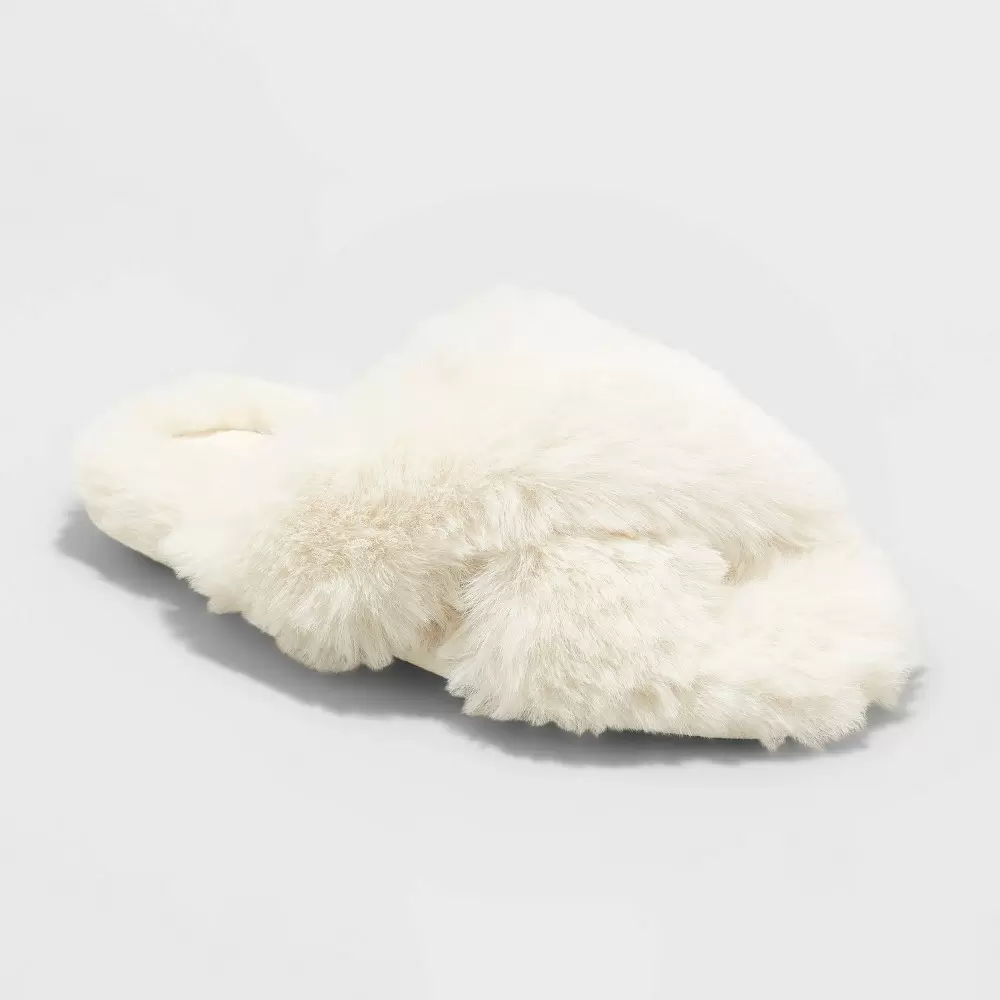 Photo 1 of Girls' Brooklyn Crossband Fur Slippers - Cat & Jack Cream M, Ivory
