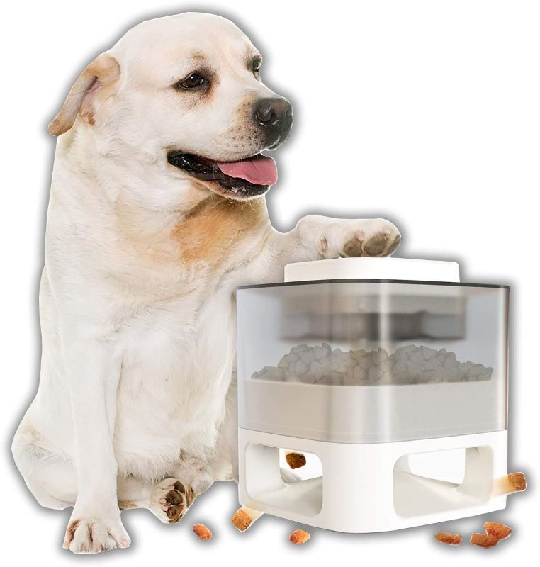 Photo 1 of Pet Instant Non-Electric Automatic Dog Fun Food Catapult Dispenser, Square Transparent Visible Granary Slow Feeder for Pets, with Anti-Slip Rubber Pad for Cats Dogs Toys White/Yellow
