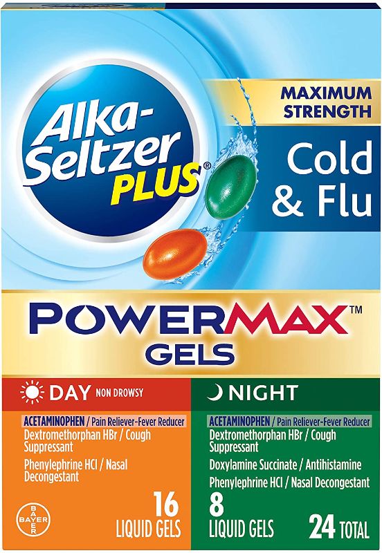 Photo 1 of Alka-seltzer Plus Cold & Flu, Power Max Cold and Flu Medicine, Day +Night, For Adults with Pain Reliever, Fever Reducer, Cough Suppresant, Nasal Decongestant, Antihistamine, 24 Count 3 PK BB 01 2022
