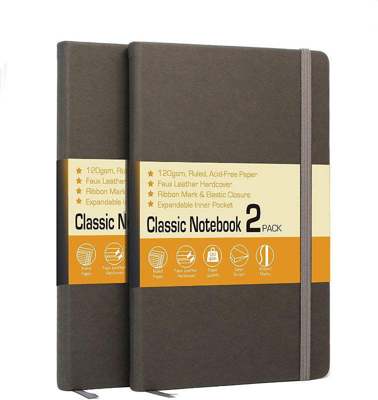 Photo 1 of LYTek Classic Notebook,5.25"x8.25" Lined Hardcover Notebook Journals With Elastic Band,Date Mark and Inner Pocket.120Gsm Premium Thick Paper Without Ghosting and Bleeding.(2 Pack,Grey)
