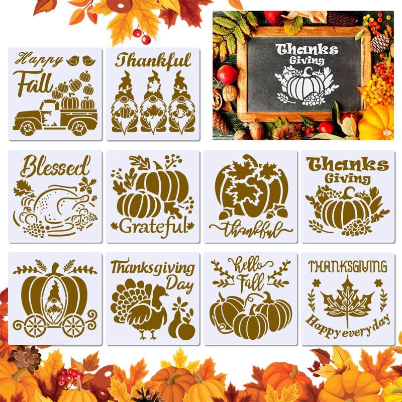 Photo 1 of 10 Pieces Fall Thanksgiving Stencils, Reusable Painting Stencils, Plastic Craft Painting Stencils for Home Decor, Painting Stencils for Fall Handmade Project 4PK
