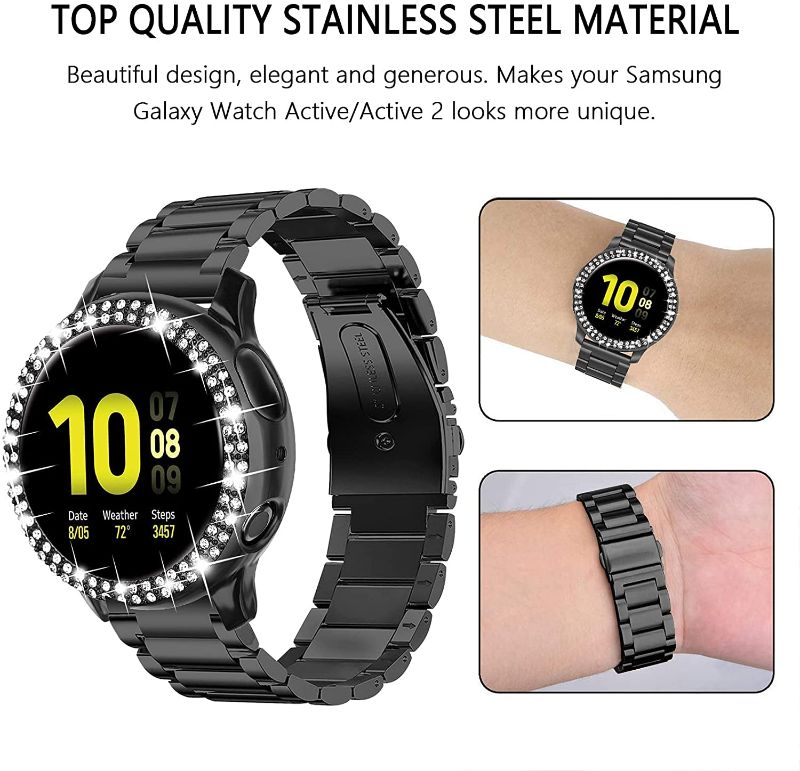 Photo 1 of KOREDA Compatible with Samsung Galaxy Watch Active/Active 2 40mm Band Sets with Bumper Case, 2 Pack 20mm Stainless Steel Solid Wristbands & Bling Diamond Watch Cover for Galaxy Watch Active 2 40mm