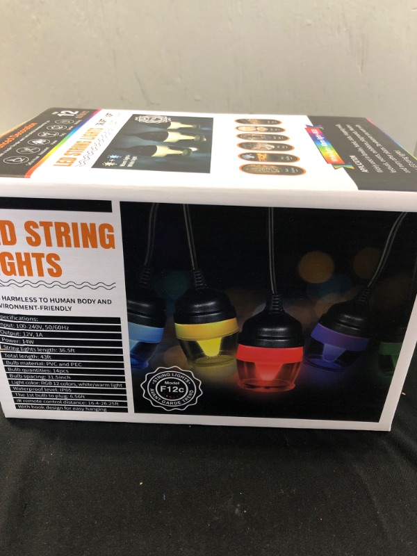 Photo 2 of 43ft Outdoor RGB String Lights, Patio Cafe String Light Multi-Color Voice-Activated Lights with 14 Shatterproof Bulbs Dimmable for Backyard Christmas Party, 2 Remote Controller