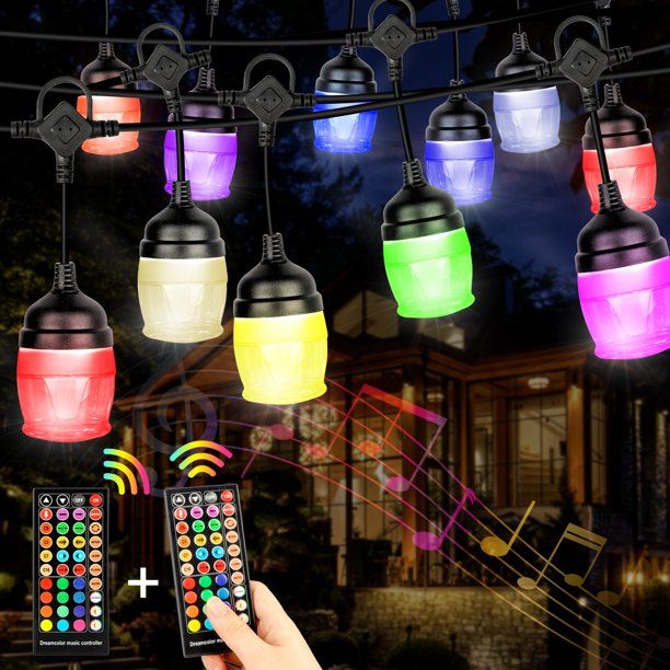 Photo 1 of 43ft Outdoor RGB String Lights, Patio Cafe String Light Multi-Color Voice-Activated Lights with 14 Shatterproof Bulbs Dimmable for Backyard Christmas Party, 2 Remote Controller