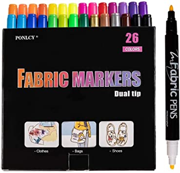 Photo 1 of PONLCY 26 Colors Fabric Markers for T-shirts, Permanent Nontoxic Fabric Pens, Dual Fine & Chisel Tips Fabric Paint Pen Kit for Kids DIY Gifts