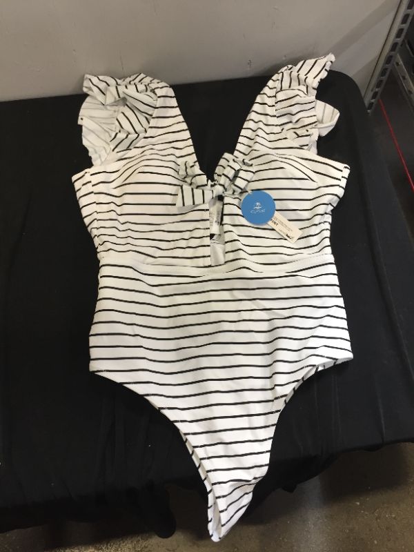 Photo 2 of CUPSHE White And Black Stripe Ruffle One Piece Swimsuit LARGE