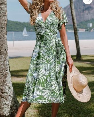 Photo 1 of CUPSHE Ali Tropical Wrap Tie Waist Dress MEDIUM