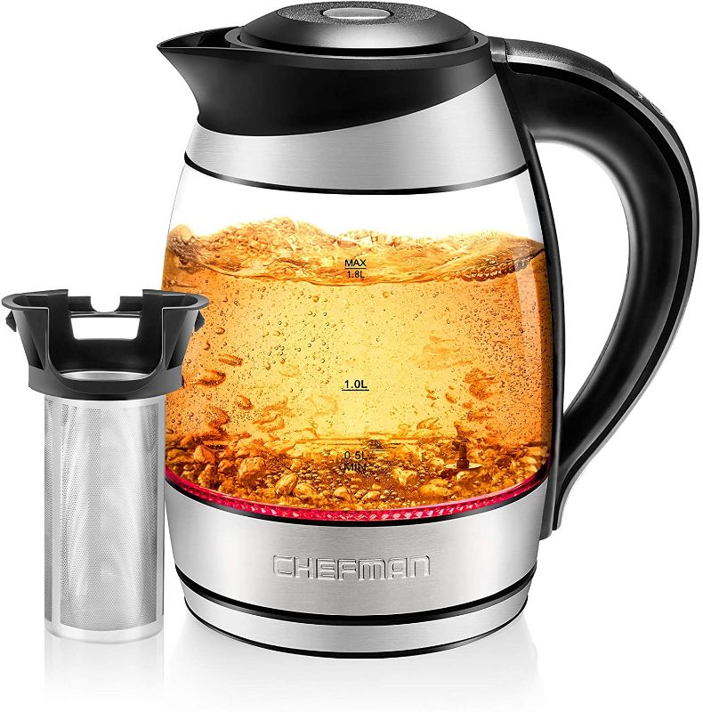 Photo 1 of Chefman Temperature Control, Removable Tea Infuser, 5 Presets Indicator, 360° Swivel Base, BPA Free, Stainless Steel, 1.8 Liters, Electric Glass Kettle...
