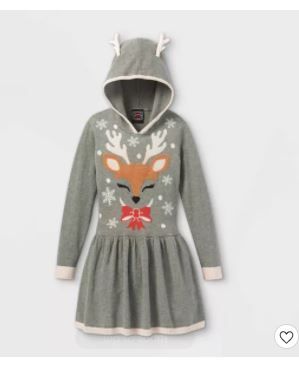 Photo 1 of Girls' Reindeer Hooded Sweater Dress - Gray S
