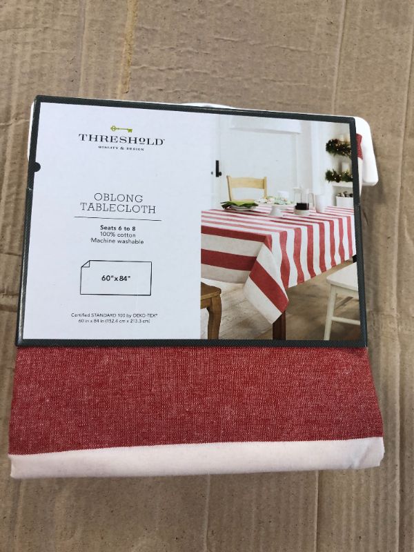 Photo 1 of 84" x 60" Cotton Festive Stripe Tablecloth Red - Threshold
